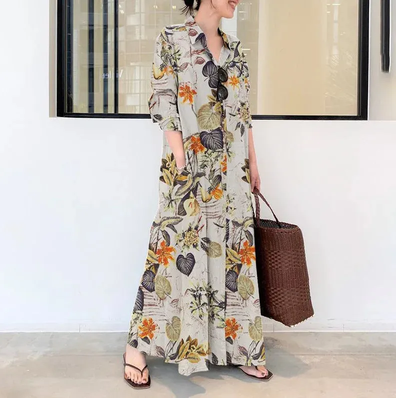 Plus Size Cotton Linen Pocket Maxi Dress