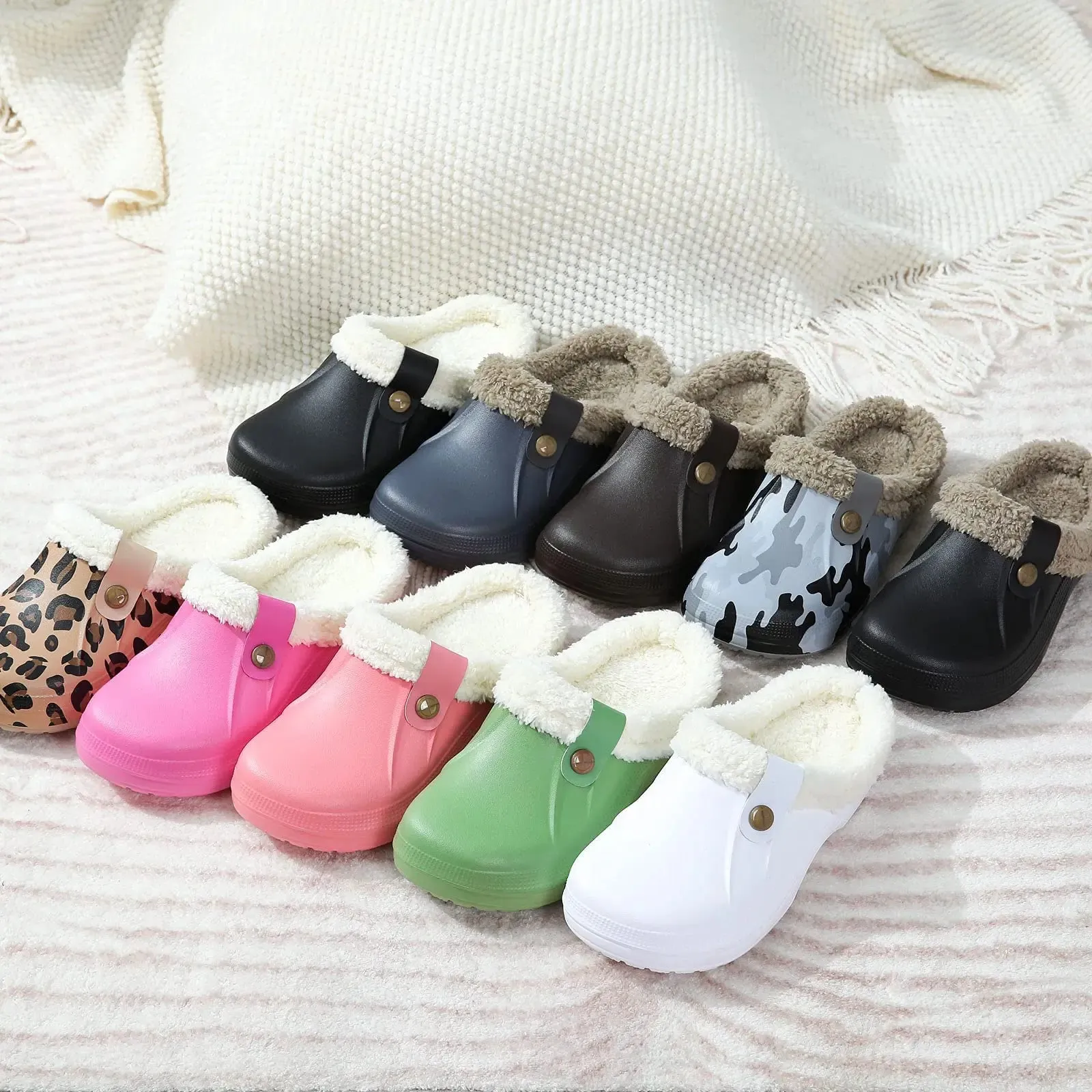 Plush Fur Clogs Slippers For Women Men Winter Soft Furry Slippers Waterproof Garden Shoes Multi-Use Indoor Home Shoes