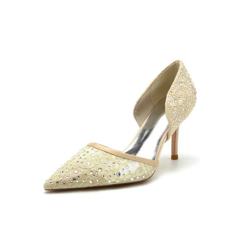 Pointed Toe Beaded Lace Wedding Stiletto Heels
