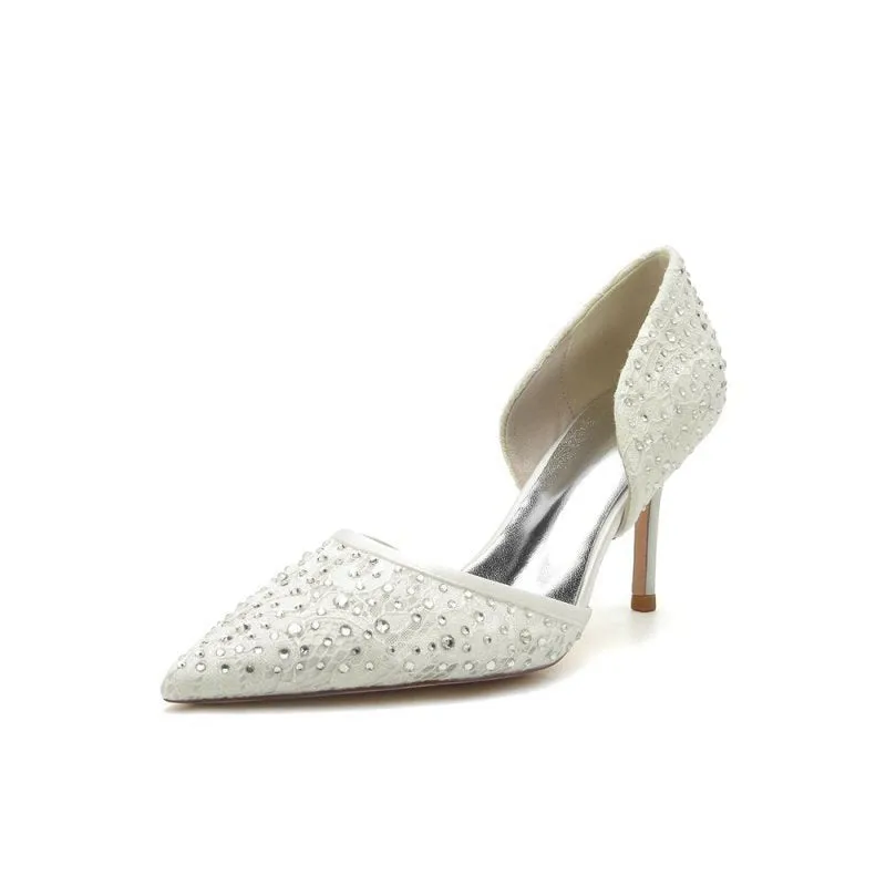 Pointed Toe Beaded Lace Wedding Stiletto Heels
