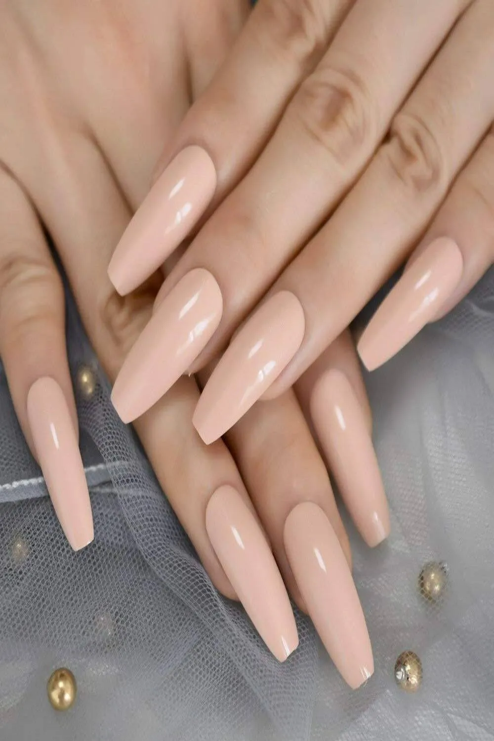 Press On Nails Beige Glossy Coffin Nail Kit