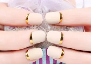 Press On Nails White French Glossy Oval Gold Nail Kit