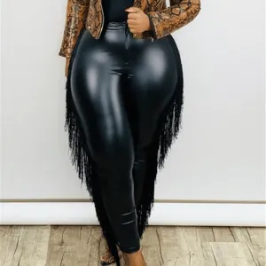 SassyStitch Plus-Size High-Rise Faux Leather Fringe Pants