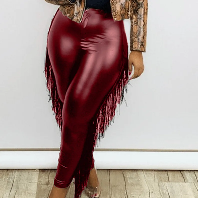 SassyStitch Plus-Size High-Rise Faux Leather Fringe Pants