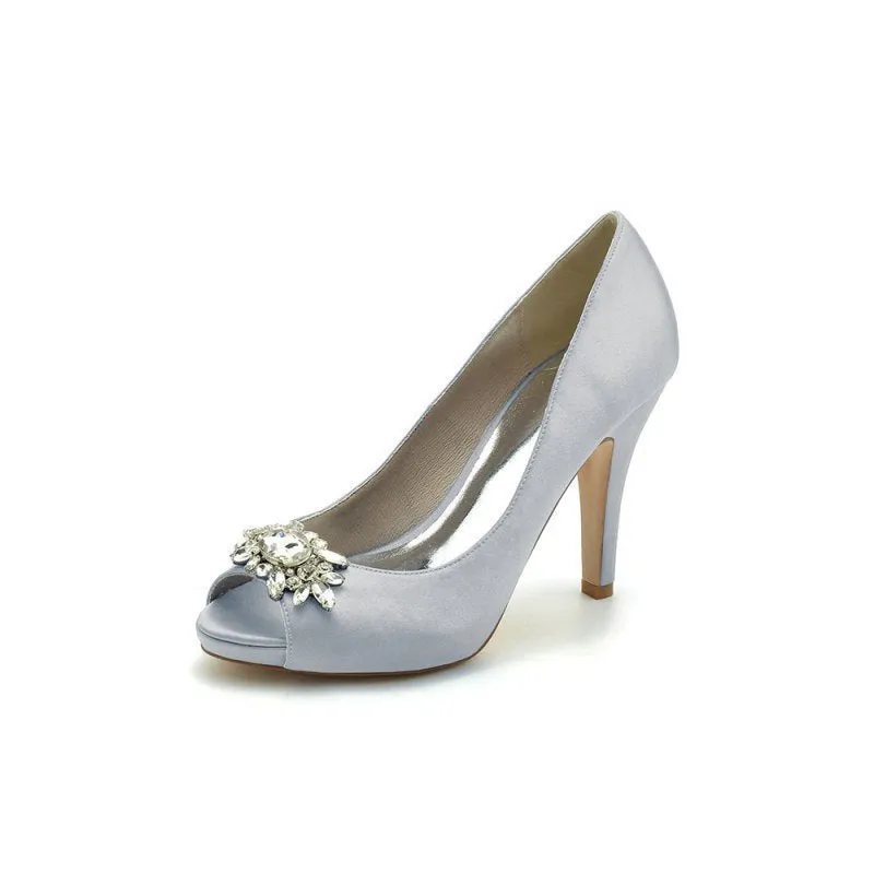 Satin High Heels with Crystal Flower Ornament