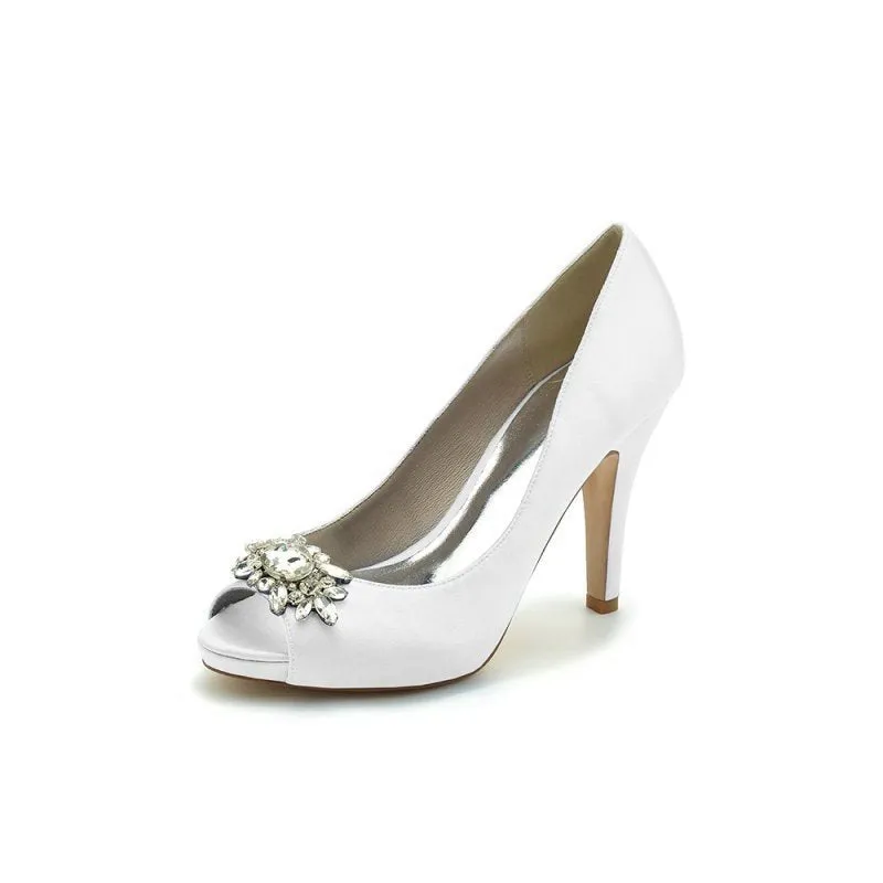 Satin High Heels with Crystal Flower Ornament