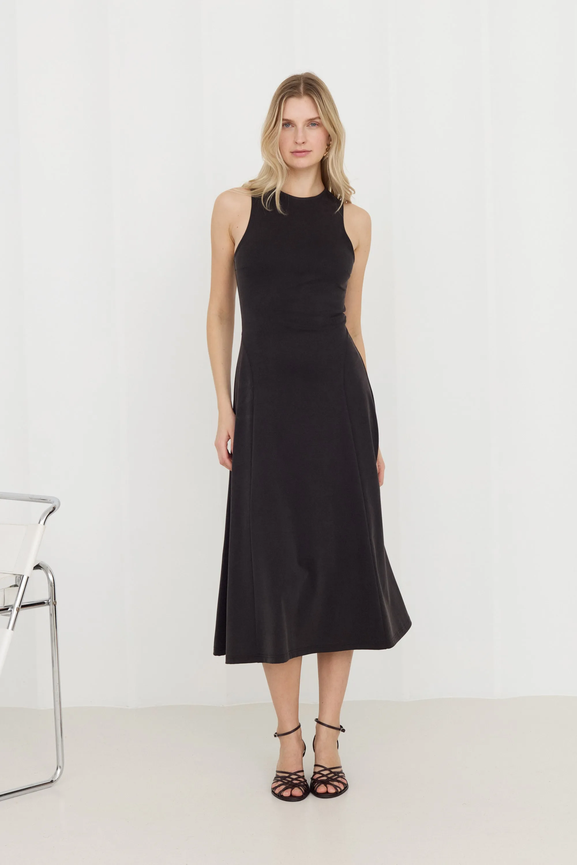 SEBA Black Bodycon Midi Dress with Flared Skirt