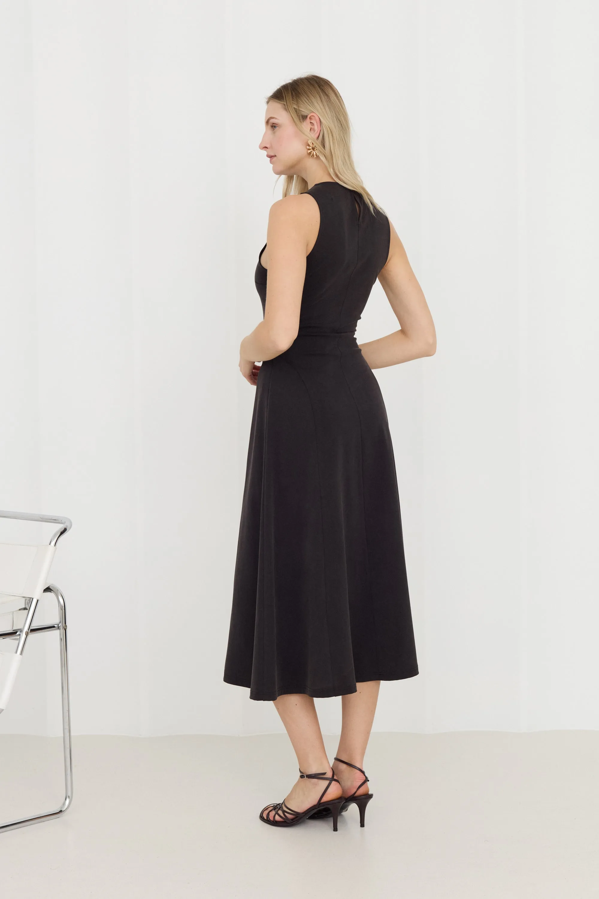 SEBA Black Bodycon Midi Dress with Flared Skirt