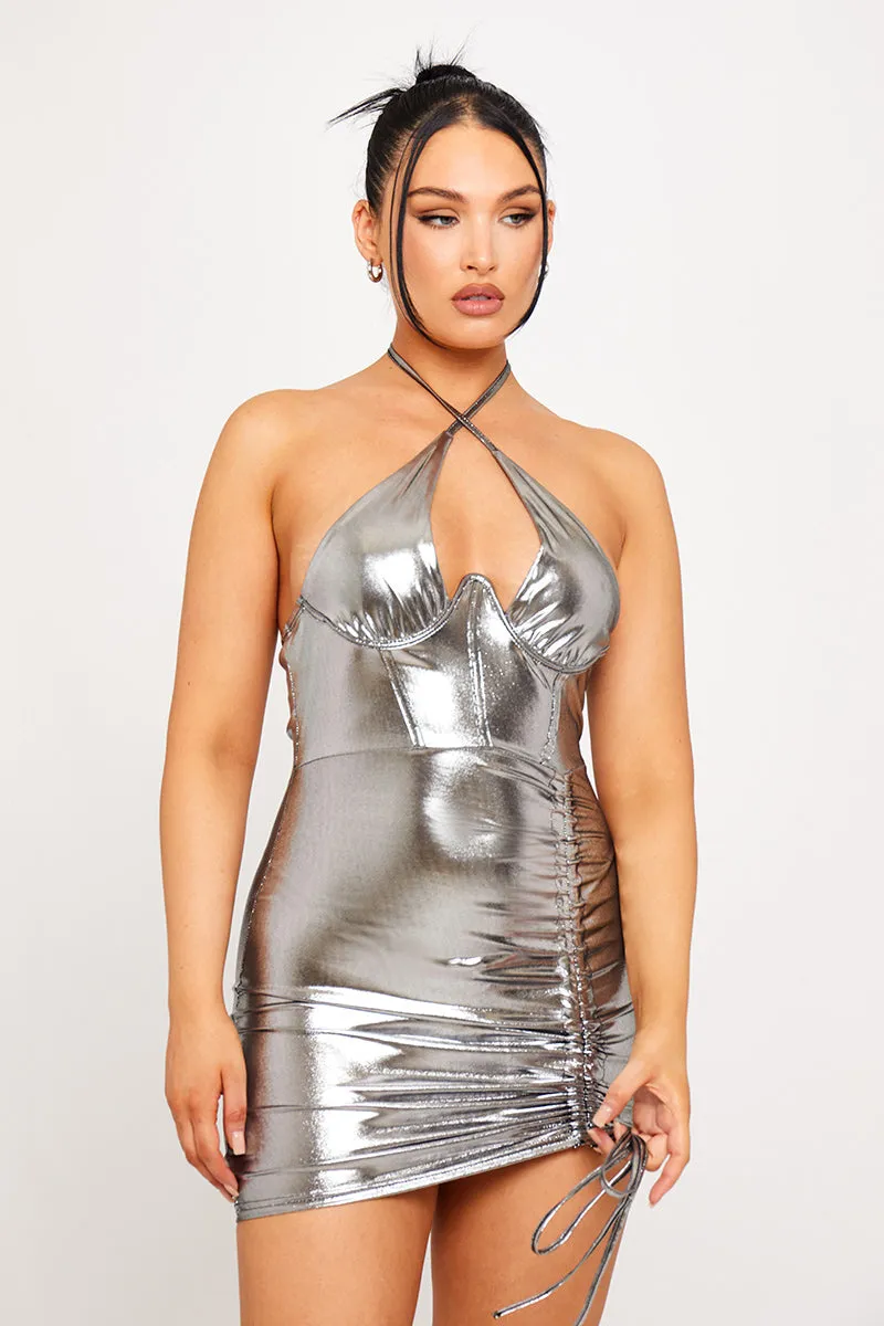 Silver Metallic Halter Mini Dress | Bold & Daring | Futuristic Glam