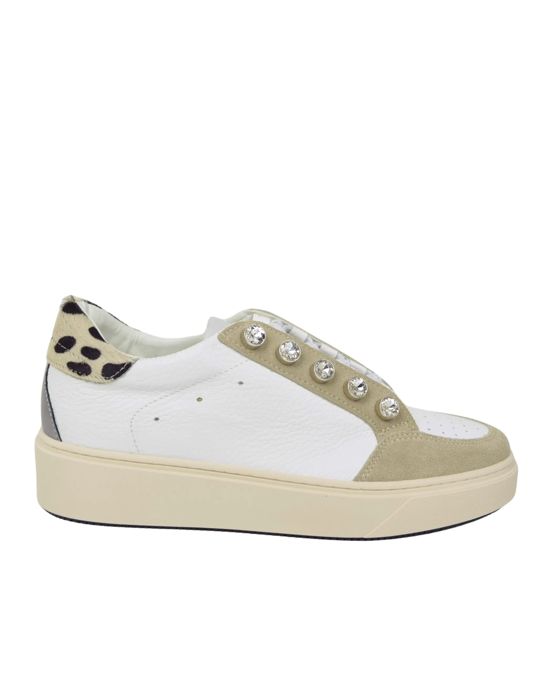 Sneakers con Bottoni Leopardate in Pelle e Camoscio Beige DIVINE FOLLIE