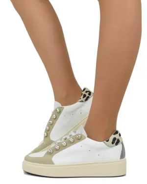 Sneakers con Bottoni Leopardate in Pelle e Camoscio Beige DIVINE FOLLIE