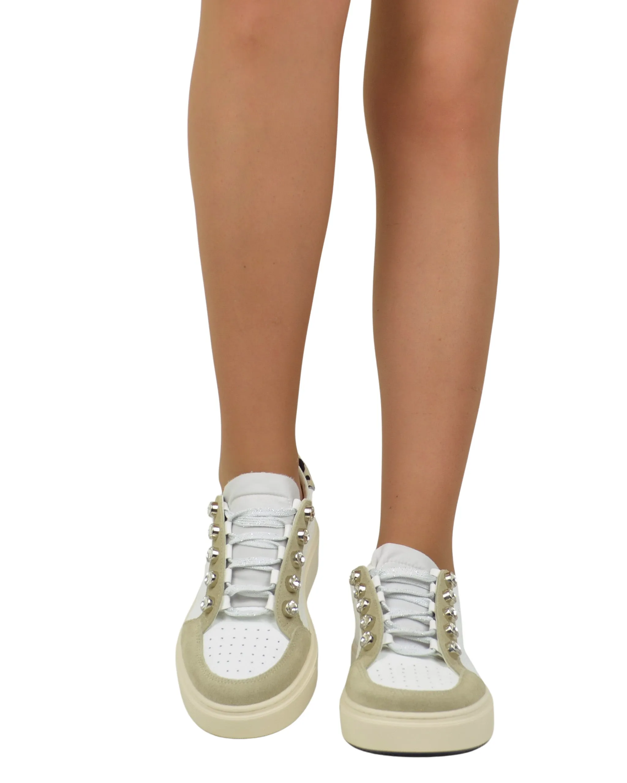Sneakers con Bottoni Leopardate in Pelle e Camoscio Beige DIVINE FOLLIE