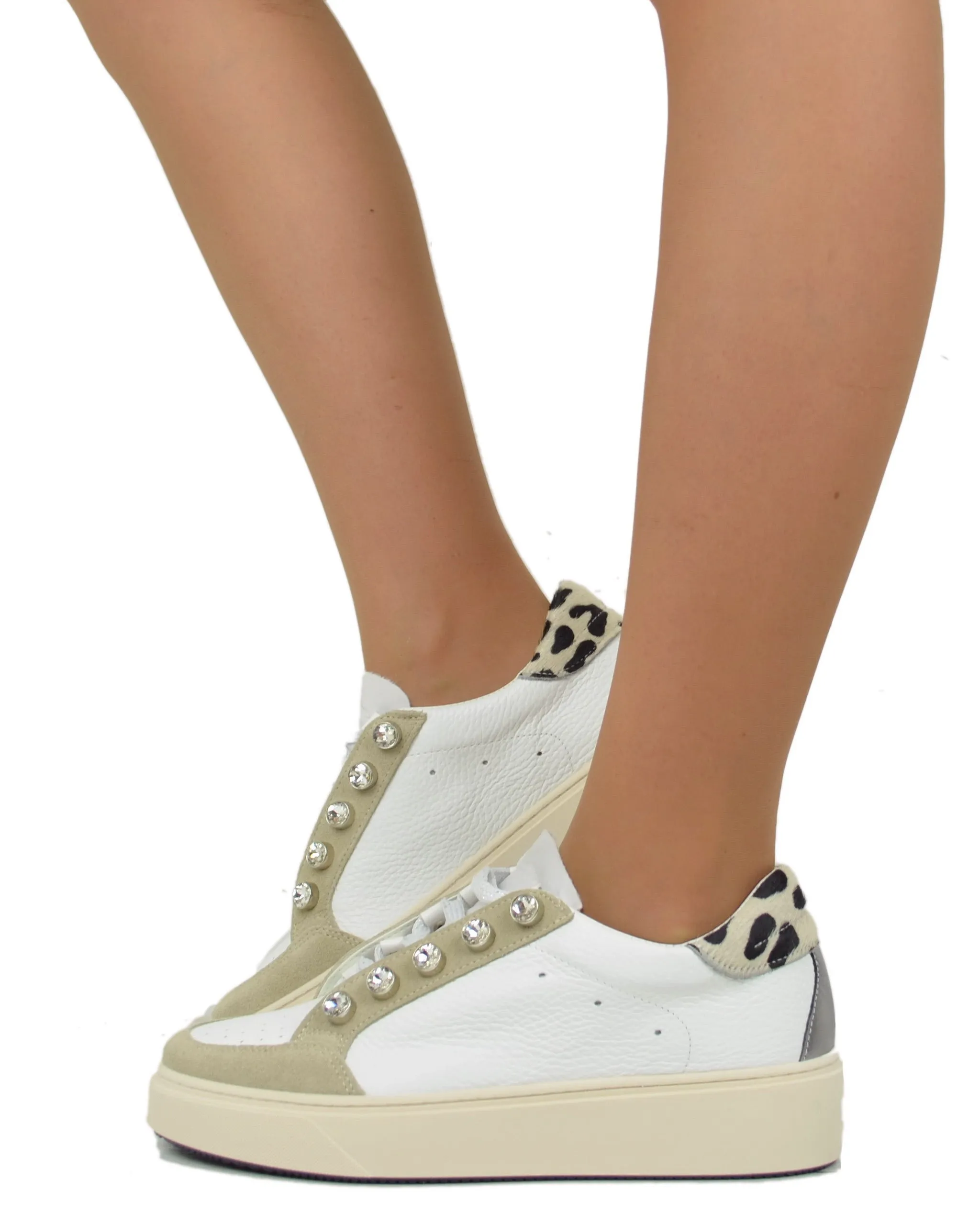 Sneakers con Bottoni Leopardate in Pelle e Camoscio Beige DIVINE FOLLIE