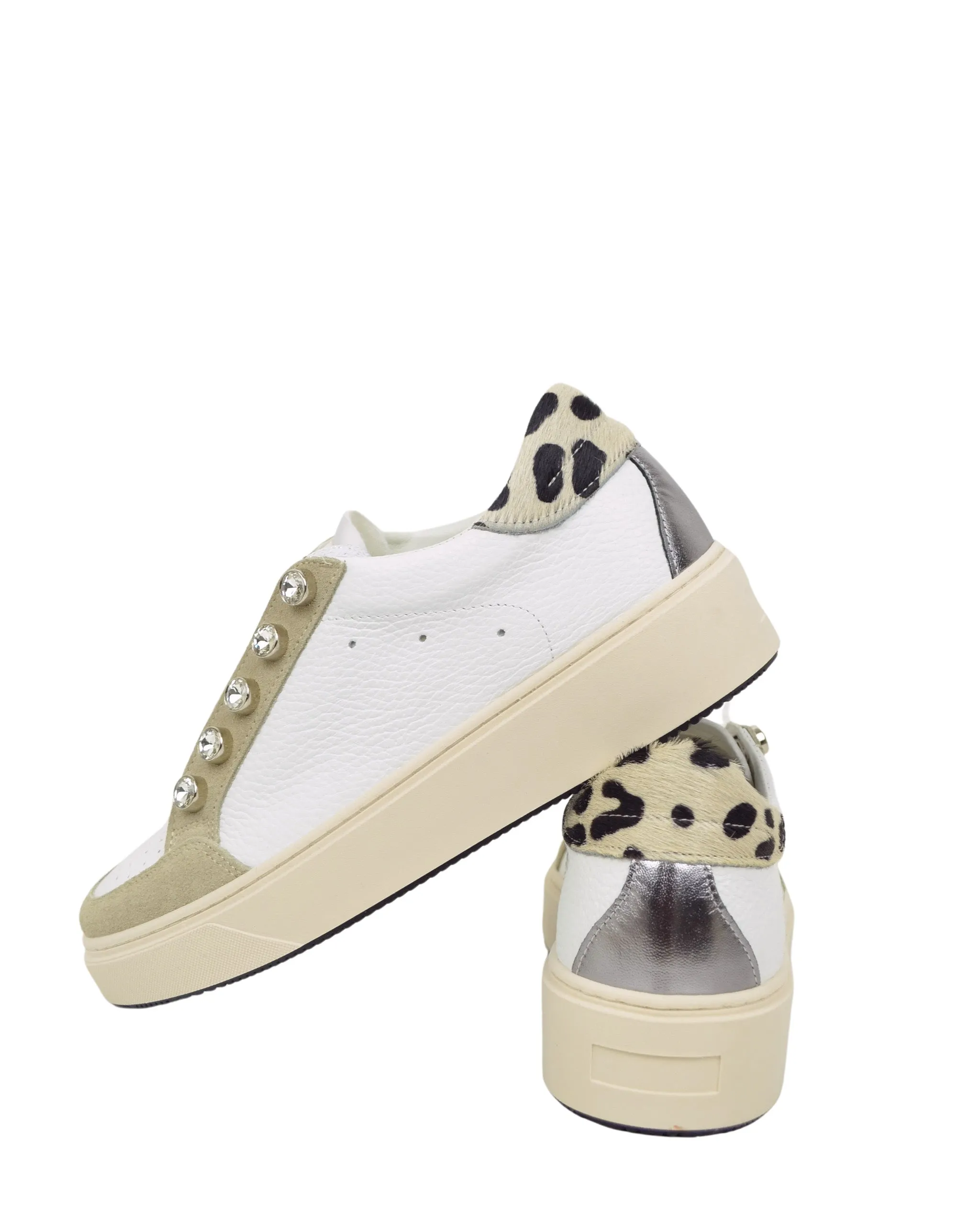 Sneakers con Bottoni Leopardate in Pelle e Camoscio Beige DIVINE FOLLIE