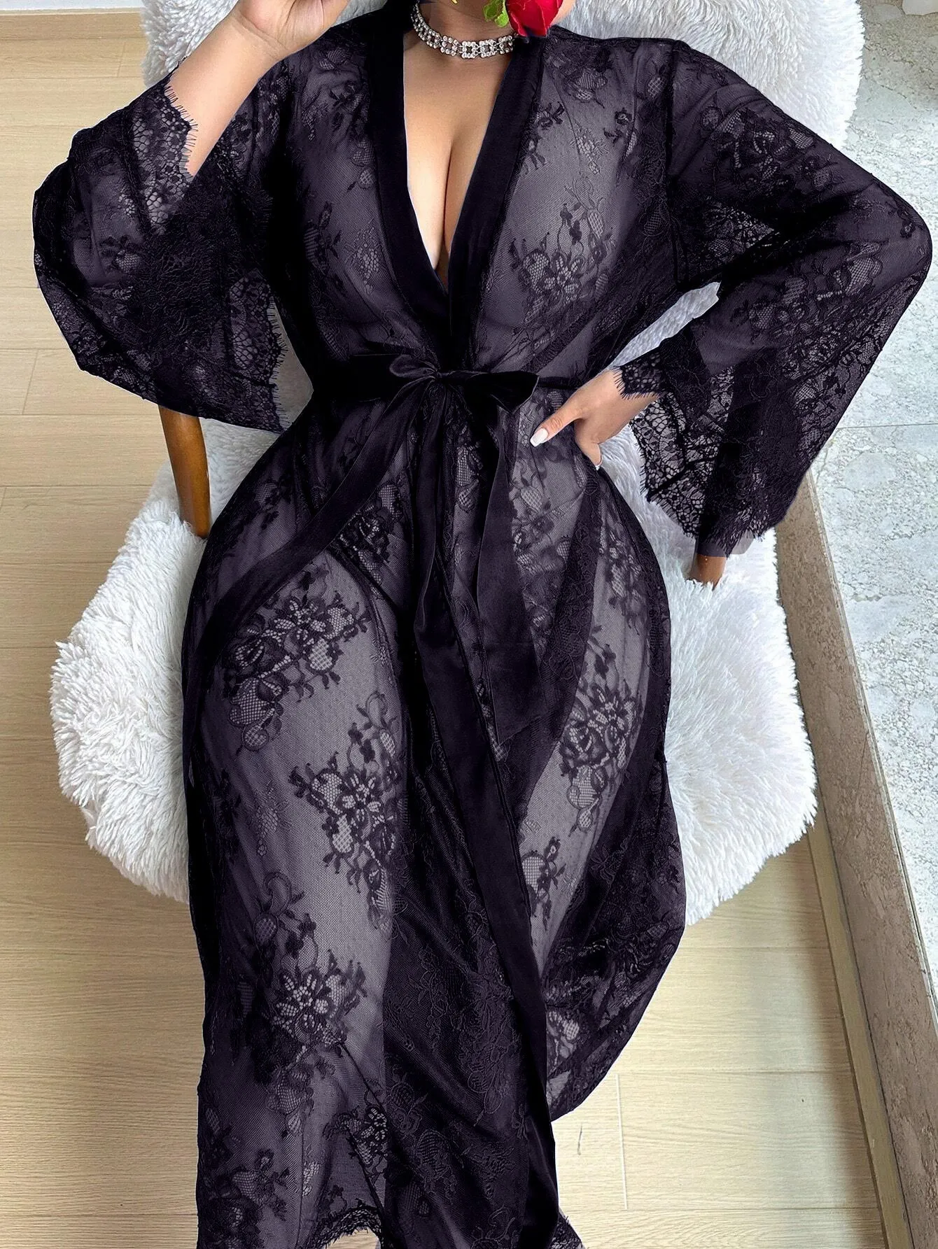 Sophisticated Plus Size  Lace Long Sleeve Dress Sexy Lingerie for Romantic Elegance