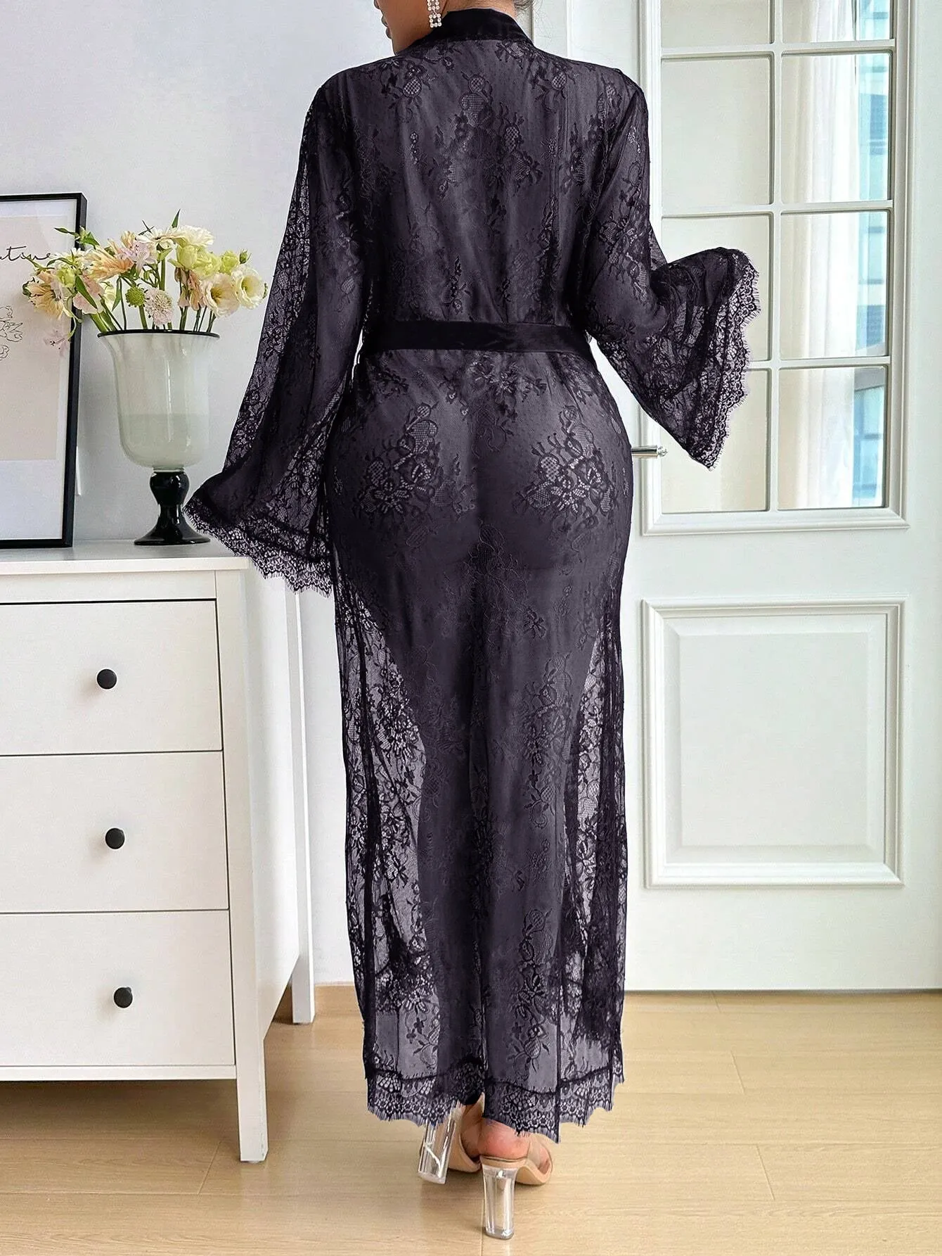 Sophisticated Plus Size  Lace Long Sleeve Dress Sexy Lingerie for Romantic Elegance
