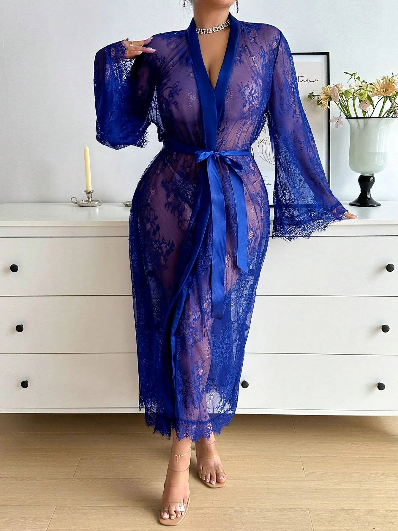 Sophisticated Plus Size  Lace Long Sleeve Dress Sexy Lingerie for Romantic Elegance