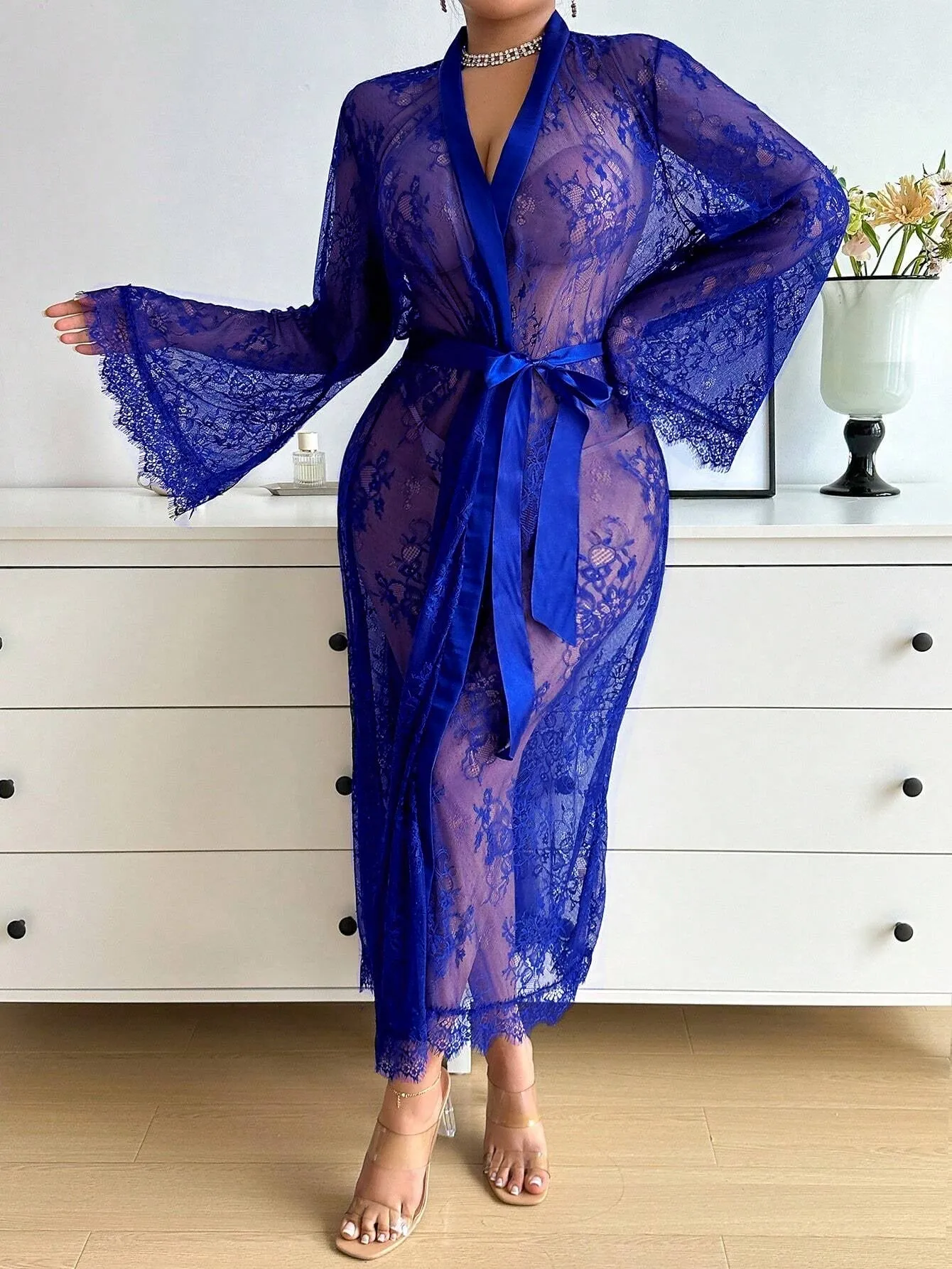 Sophisticated Plus Size  Lace Long Sleeve Dress Sexy Lingerie for Romantic Elegance