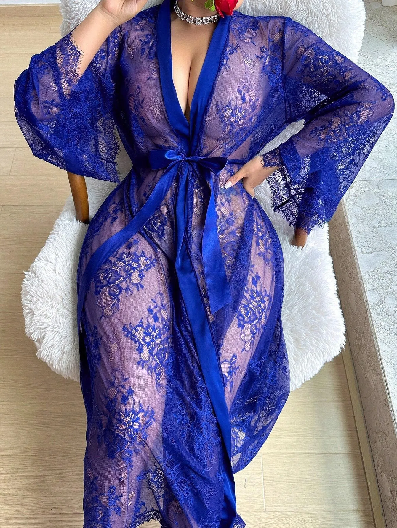 Sophisticated Plus Size  Lace Long Sleeve Dress Sexy Lingerie for Romantic Elegance