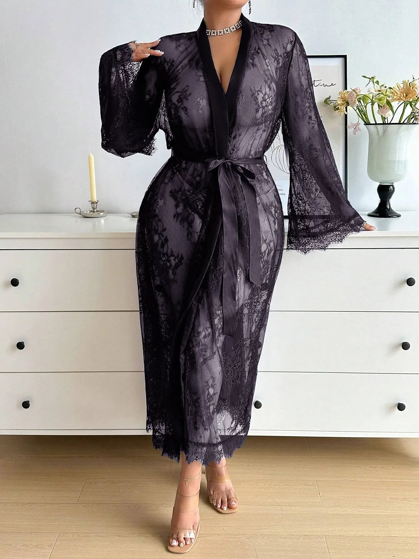 Sophisticated Plus Size  Lace Long Sleeve Dress Sexy Lingerie for Romantic Elegance