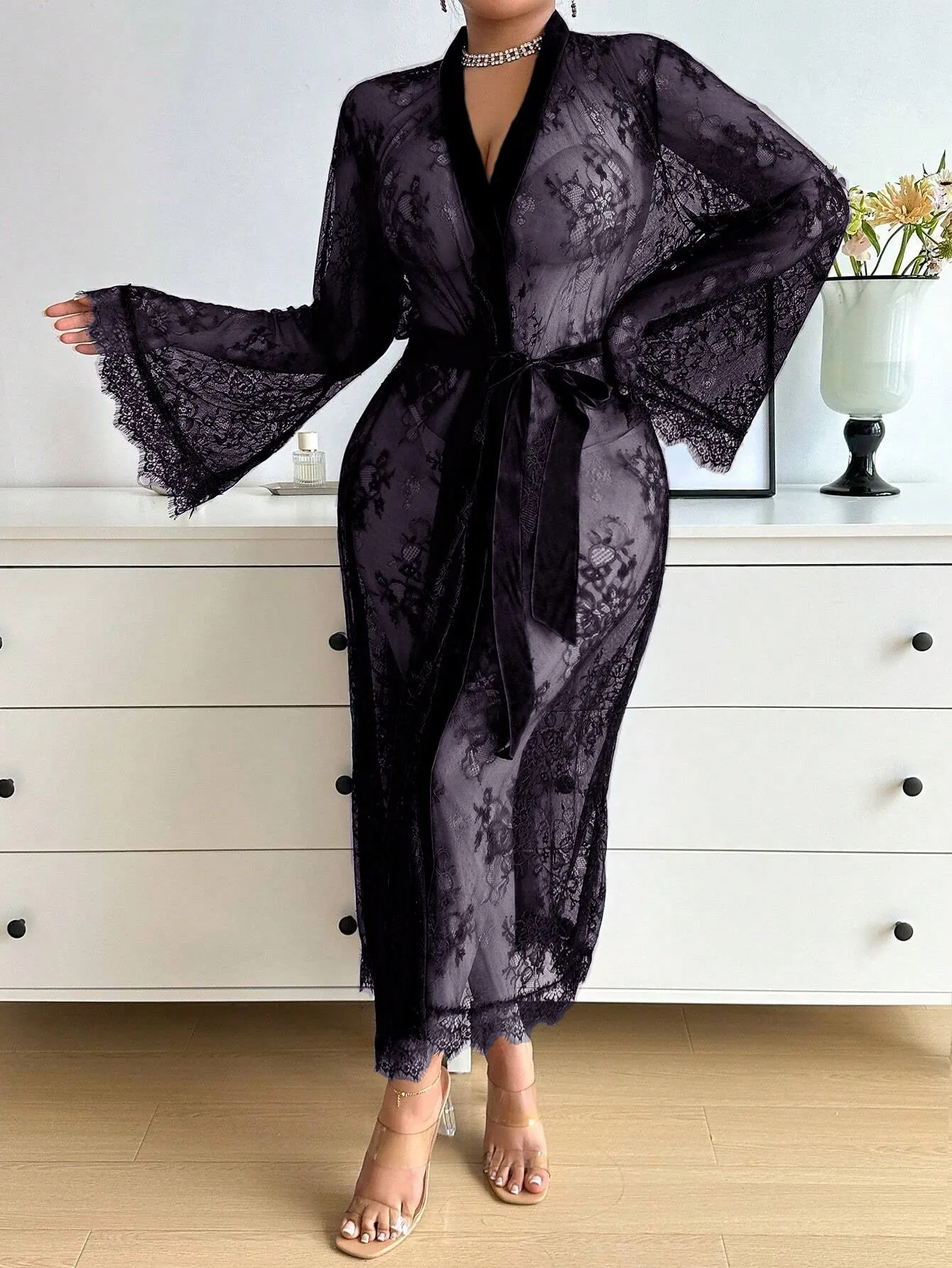 Sophisticated Plus Size  Lace Long Sleeve Dress Sexy Lingerie for Romantic Elegance