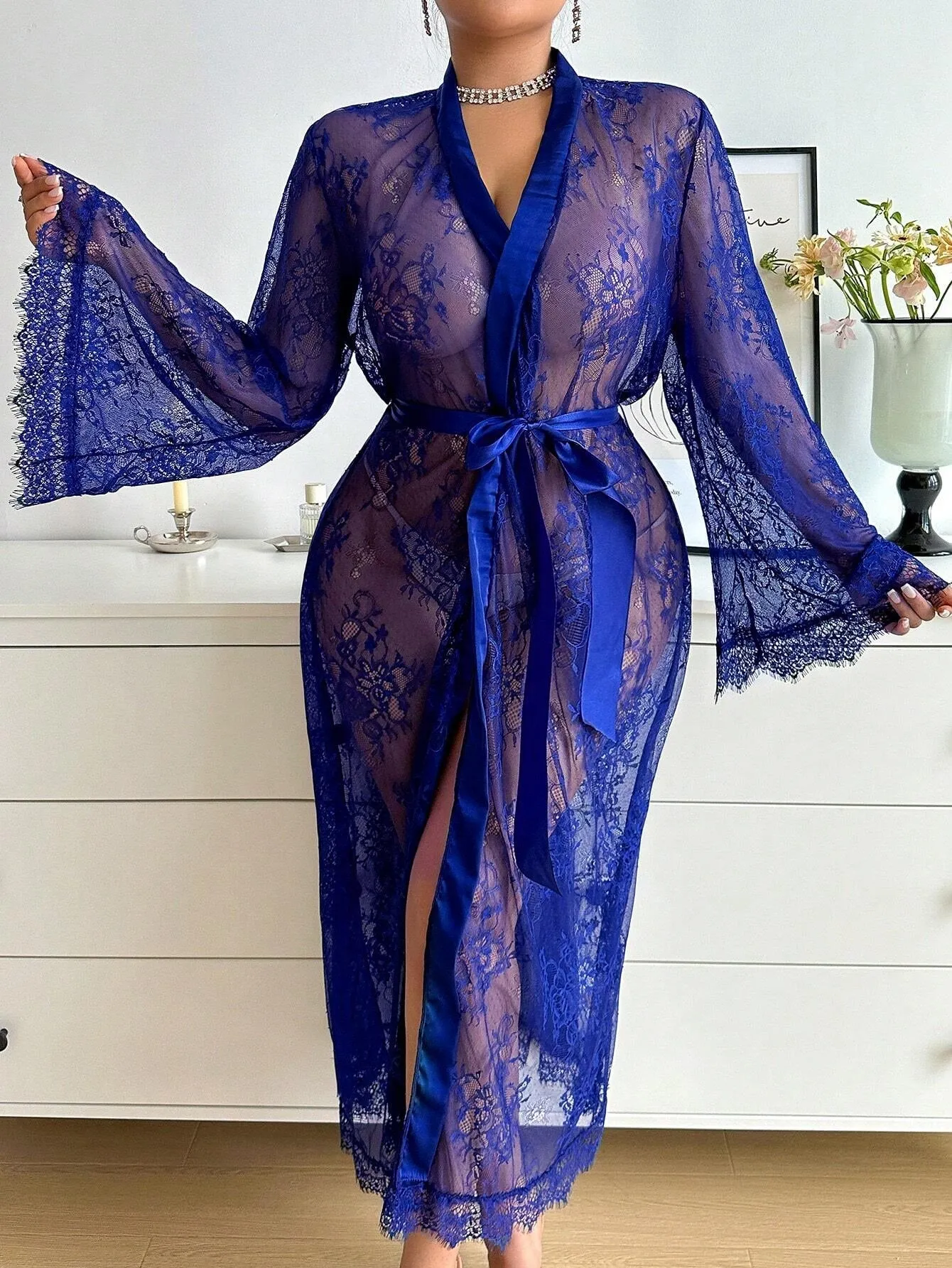 Sophisticated Plus Size  Lace Long Sleeve Dress Sexy Lingerie for Romantic Elegance