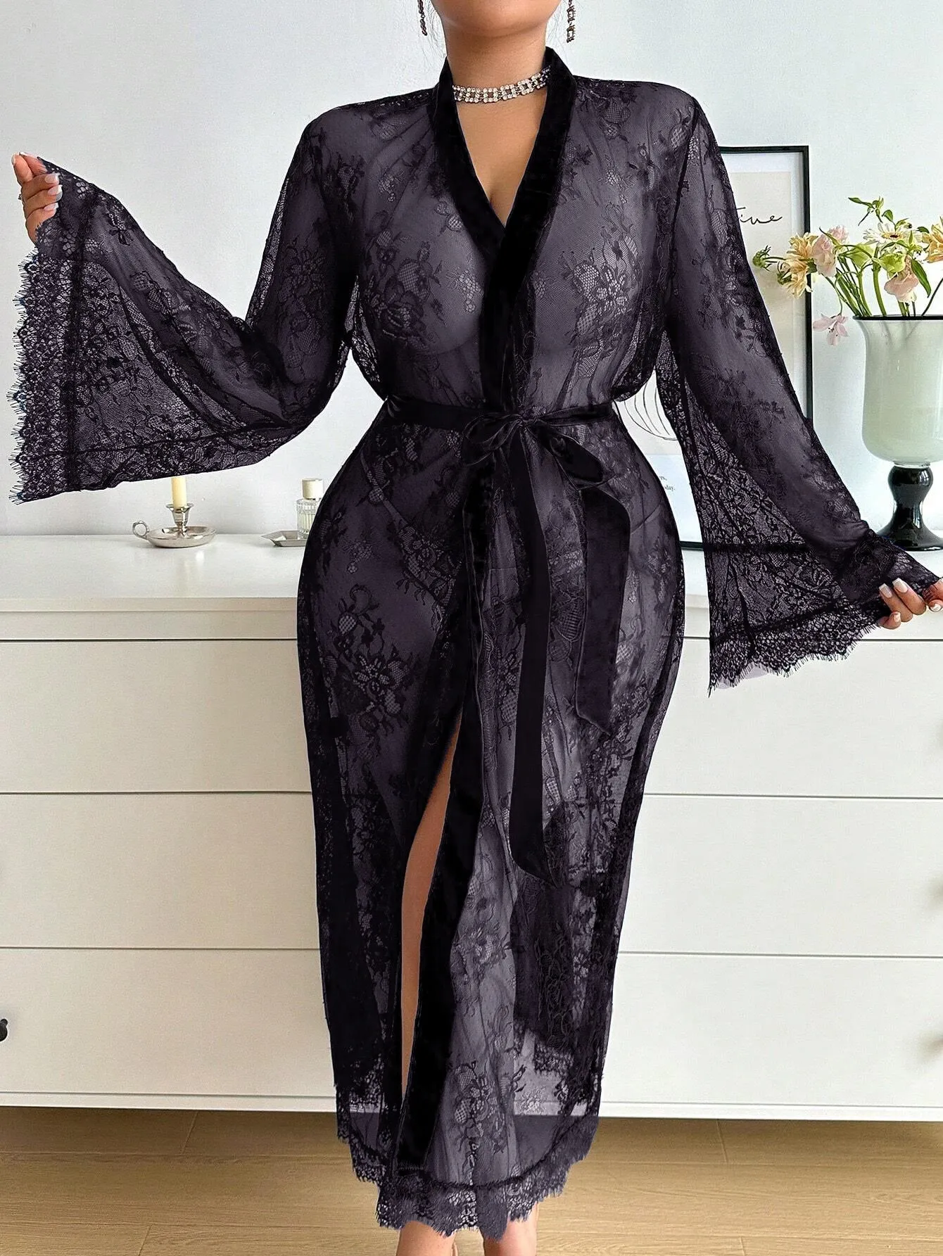 Sophisticated Plus Size  Lace Long Sleeve Dress Sexy Lingerie for Romantic Elegance