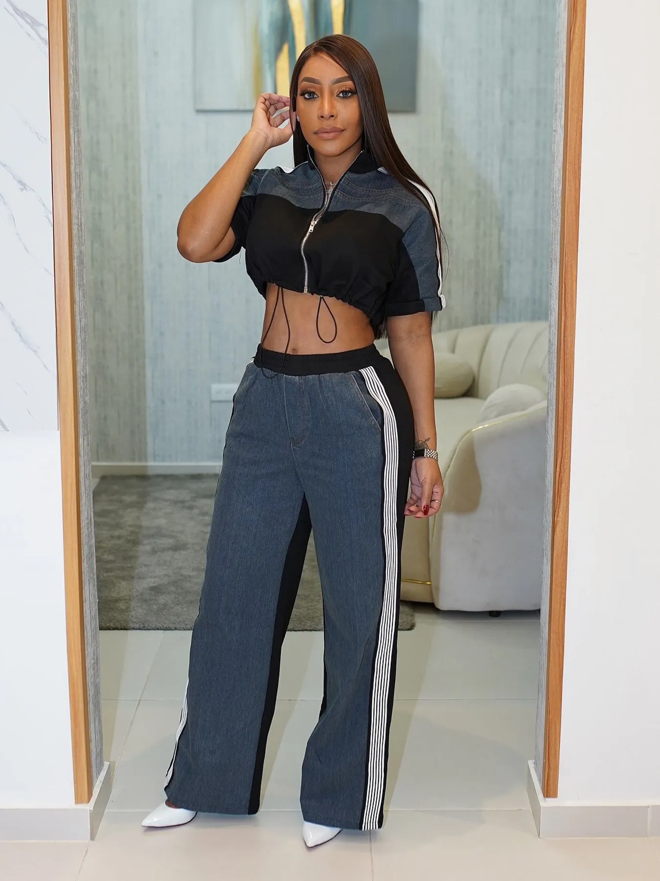 Sporty Chic Contrast Zip-Up Cropped Top and Wide-Leg Track Pants Set