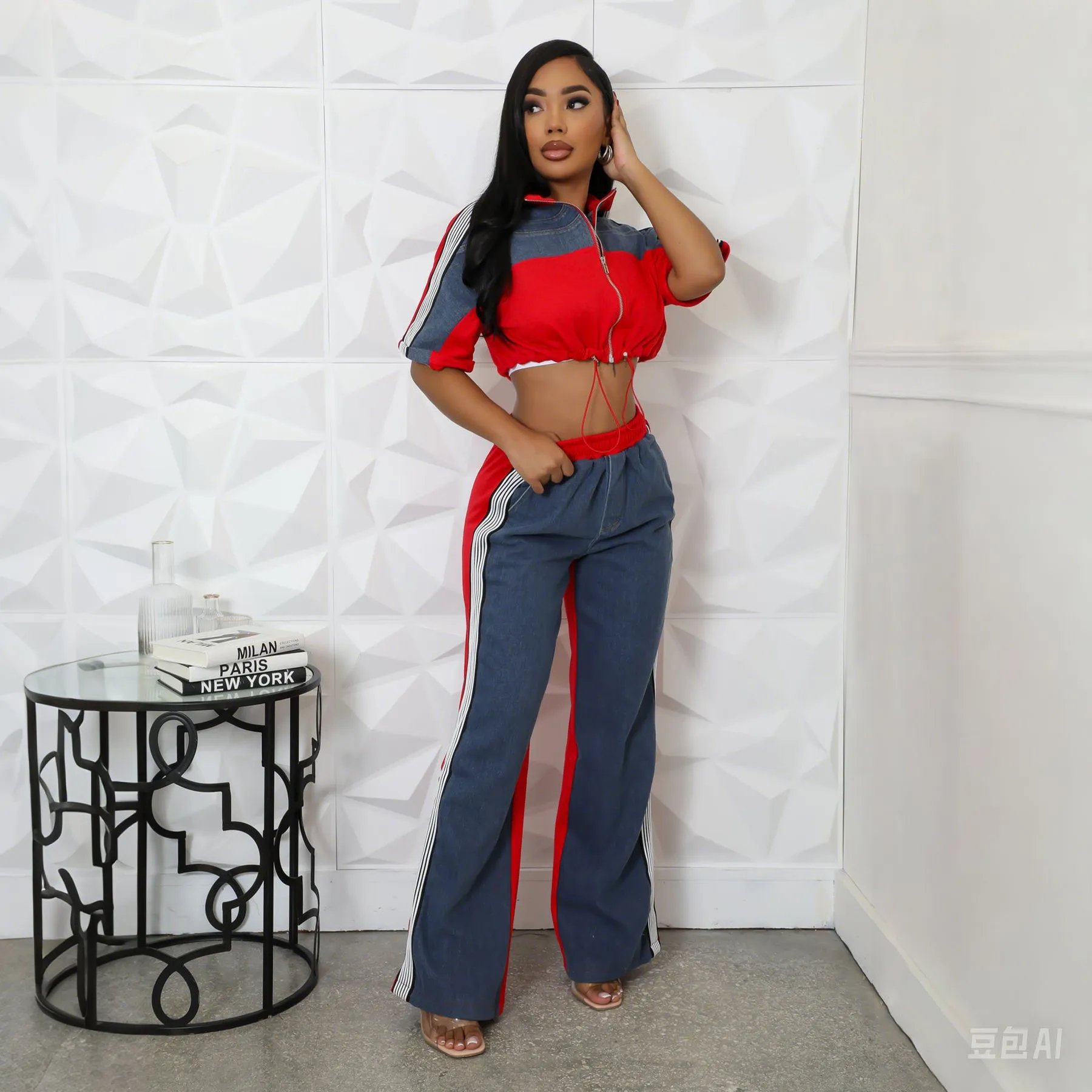 Sporty Chic Contrast Zip-Up Cropped Top and Wide-Leg Track Pants Set