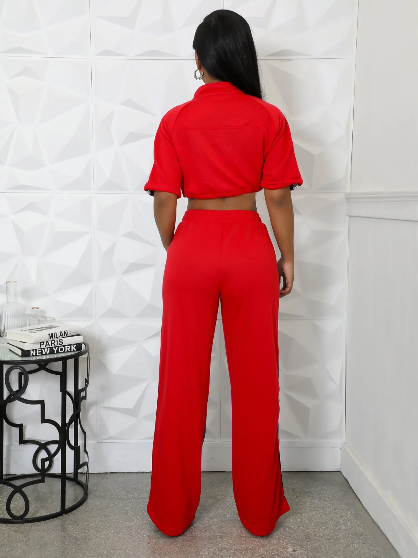 Sporty Chic Contrast Zip-Up Cropped Top and Wide-Leg Track Pants Set