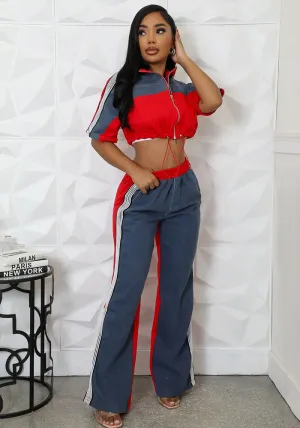 Sporty Chic Contrast Zip-Up Cropped Top and Wide-Leg Track Pants Set