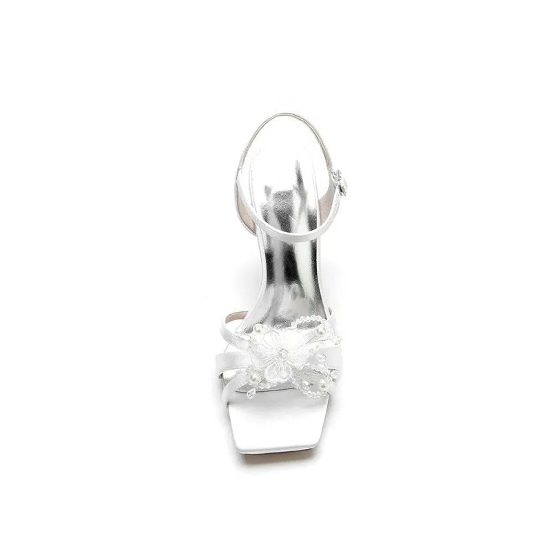 Square Toe Floral Beaded Ankle Strap High Heels