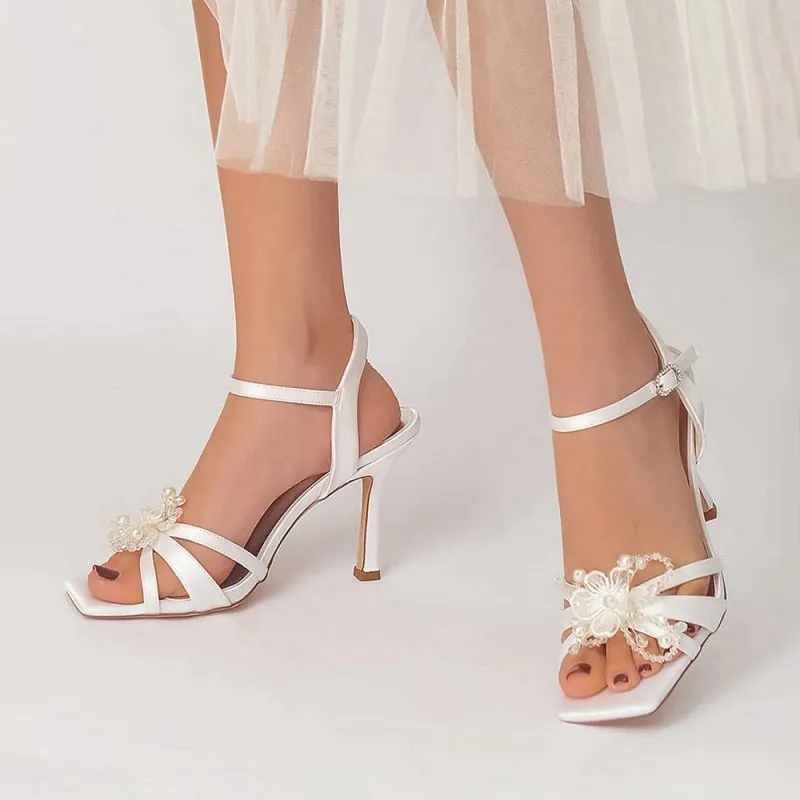 Square Toe Floral Beaded Ankle Strap High Heels