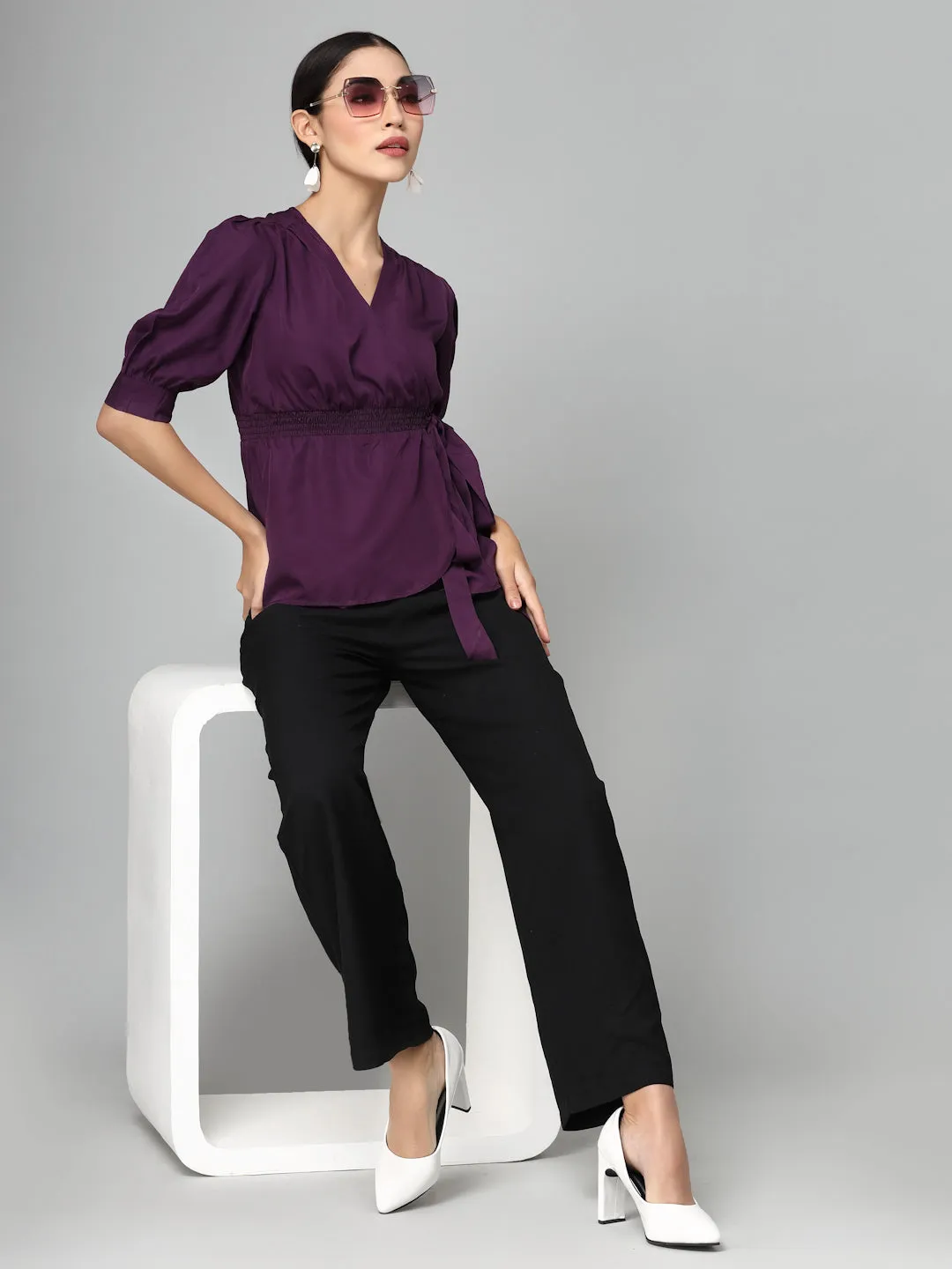 Style Quotient Women Solid Purple Polyester Smart Casual Wrap Top