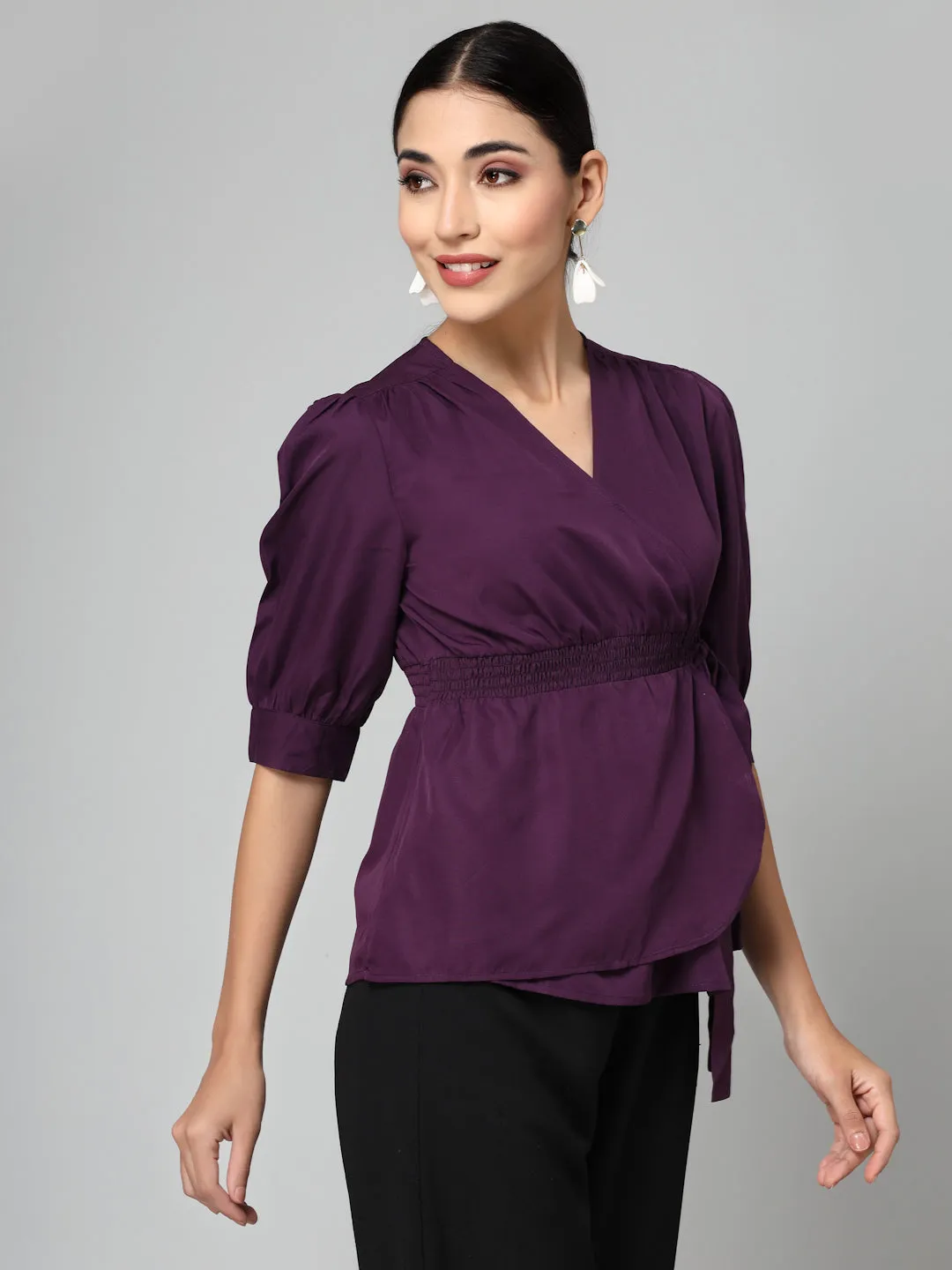 Style Quotient Women Solid Purple Polyester Smart Casual Wrap Top