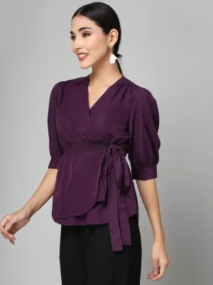 Style Quotient Women Solid Purple Polyester Smart Casual Wrap Top