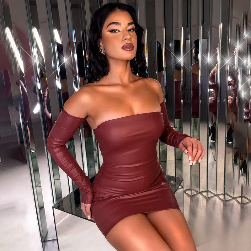 Sultry Strapless PU Leather Bodycon Dress with Statement Sleeves