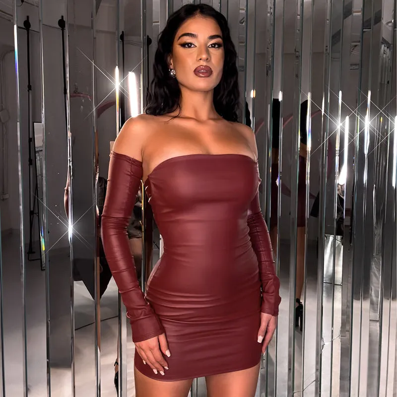 Sultry Strapless PU Leather Bodycon Dress with Statement Sleeves