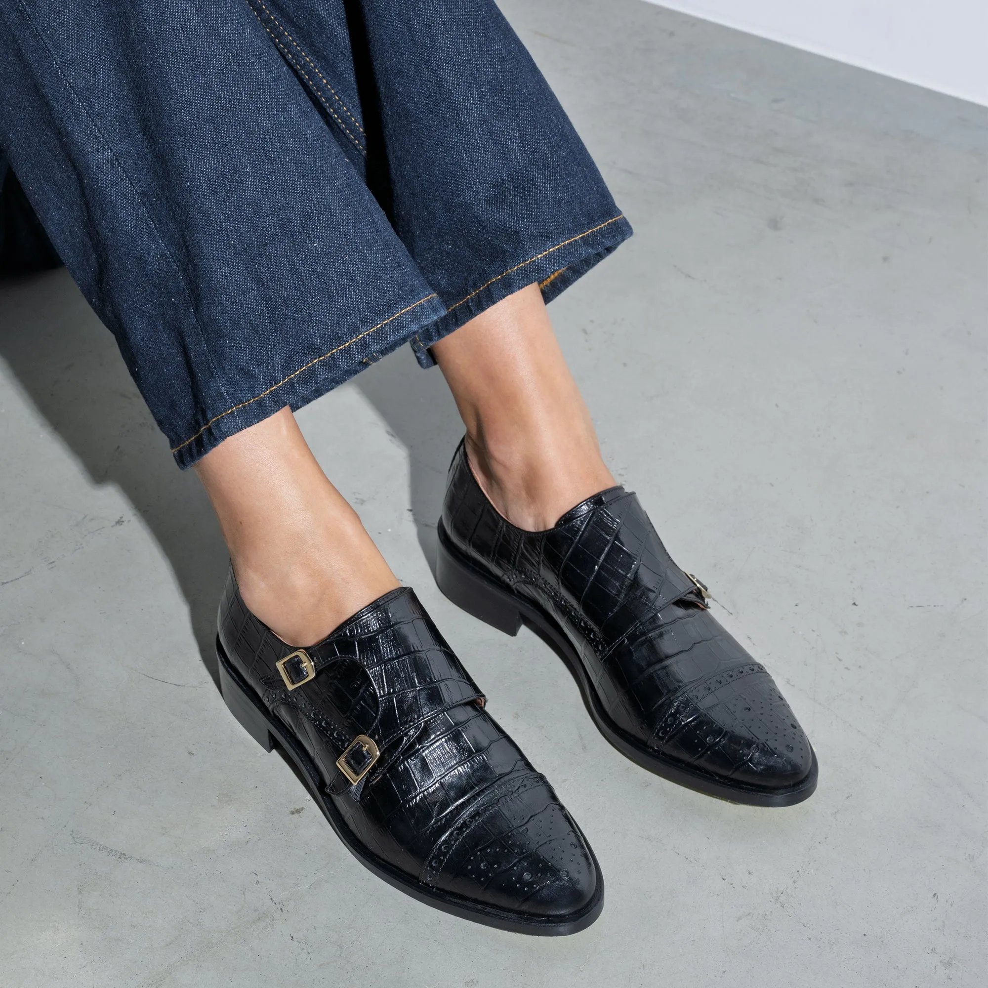 Vendôme Sophie croco black calfskin leather double monk shoes