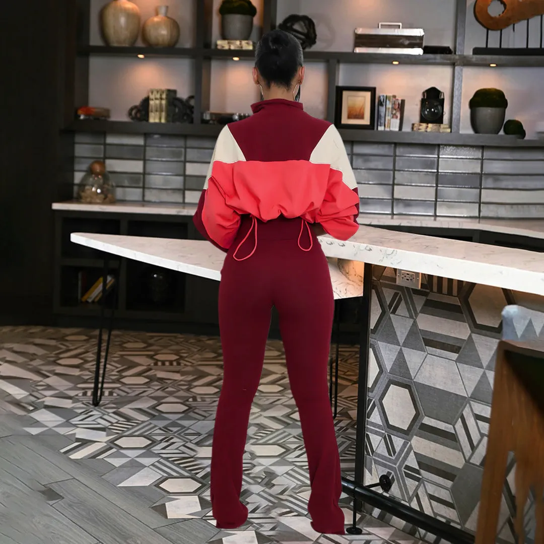 Vibrant Contrast Color Long Sleeve Track Top and Fitted Pants Set