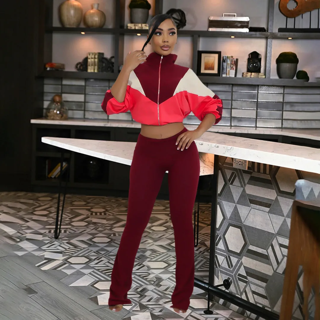 Vibrant Contrast Color Long Sleeve Track Top and Fitted Pants Set