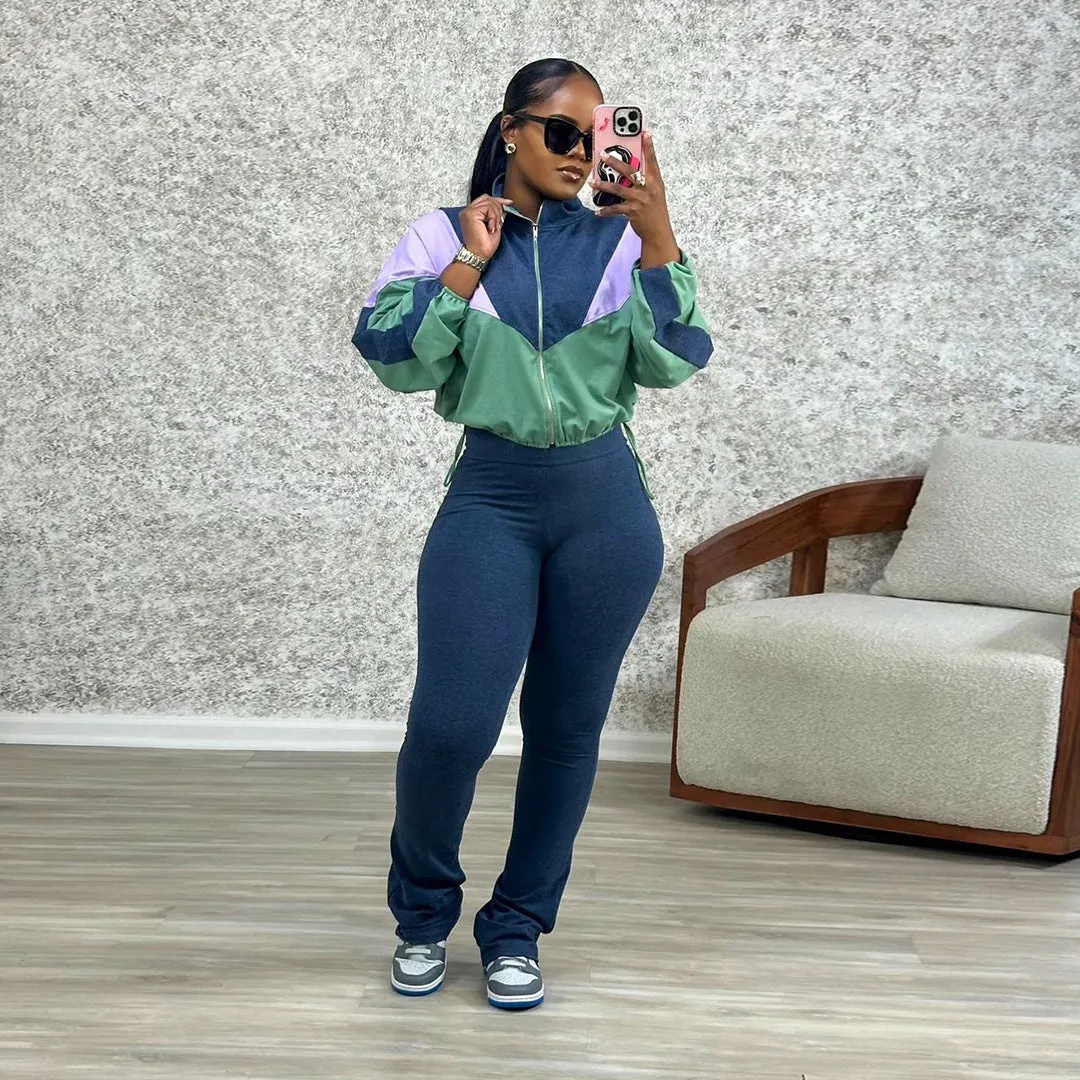 Vibrant Contrast Color Long Sleeve Track Top and Fitted Pants Set