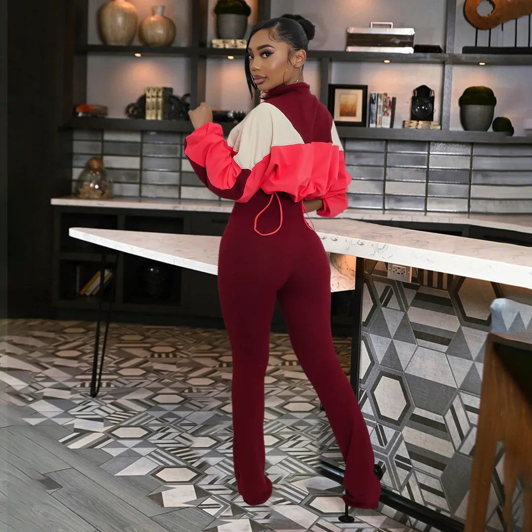 Vibrant Contrast Color Long Sleeve Track Top and Fitted Pants Set