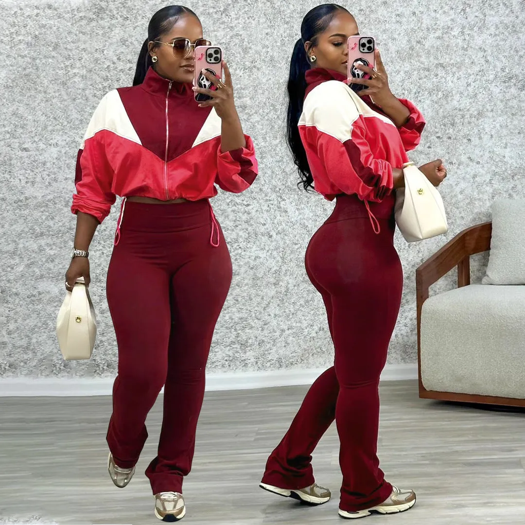 Vibrant Contrast Color Long Sleeve Track Top and Fitted Pants Set