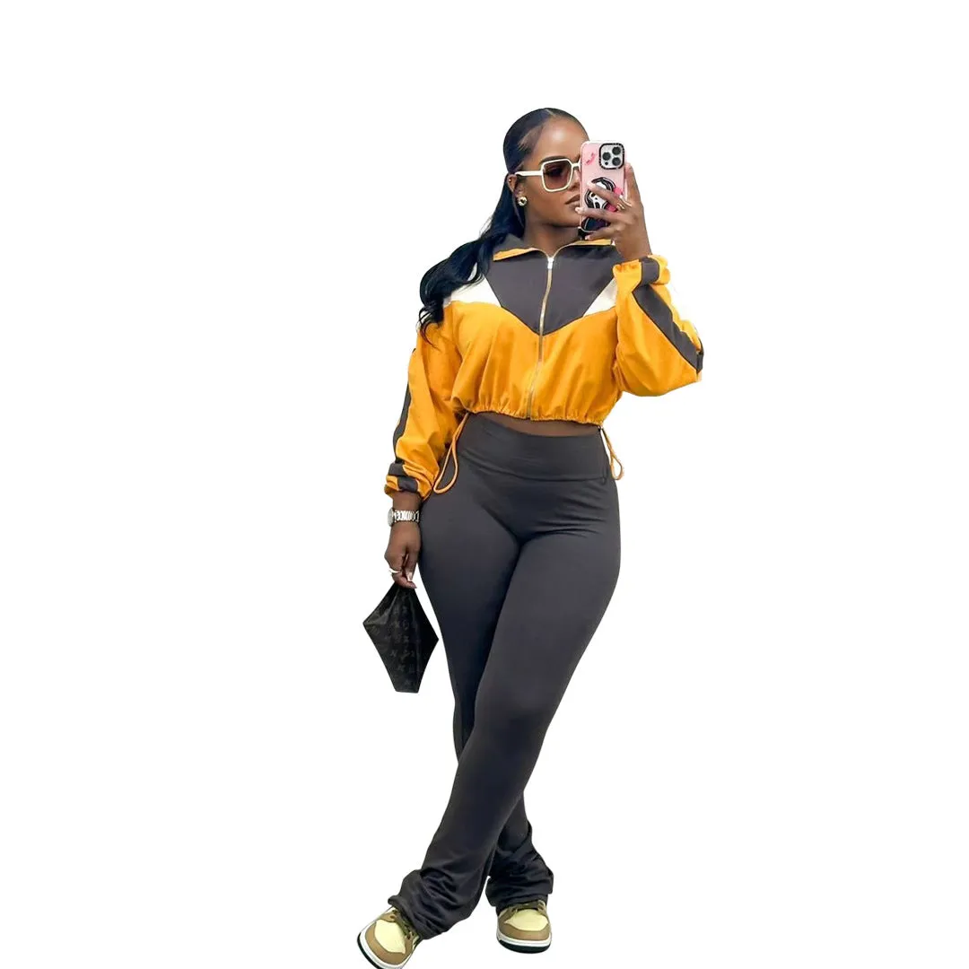 Vibrant Contrast Color Long Sleeve Track Top and Fitted Pants Set