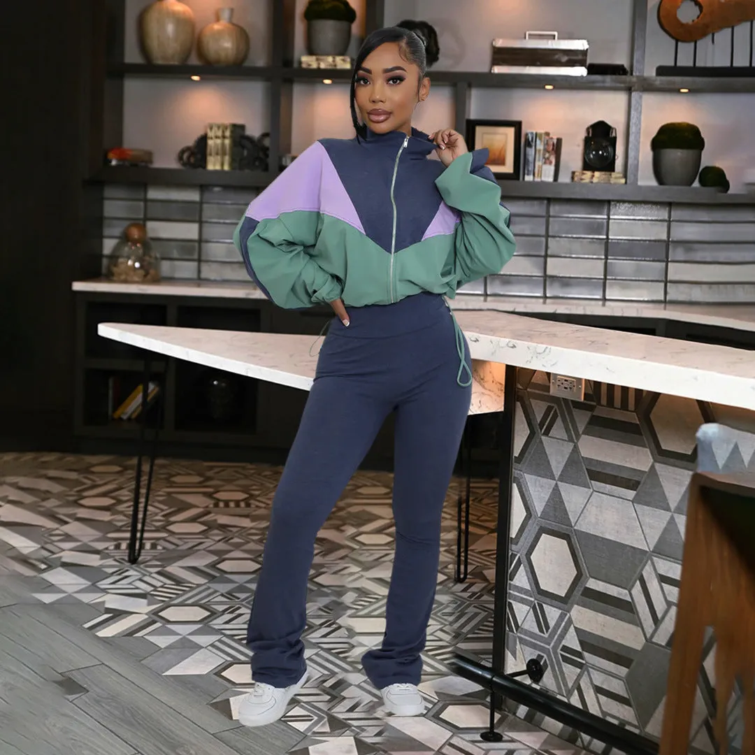 Vibrant Contrast Color Long Sleeve Track Top and Fitted Pants Set