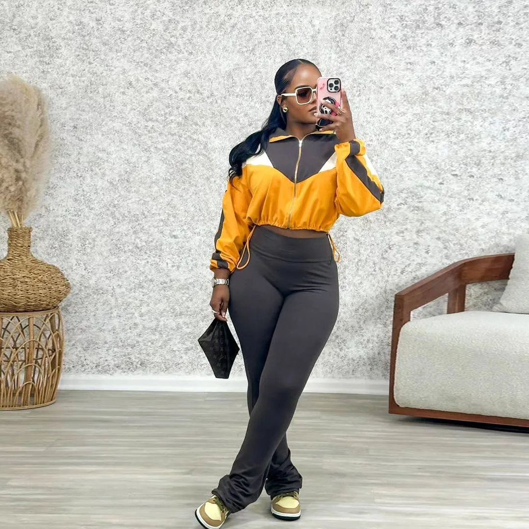 Vibrant Contrast Color Long Sleeve Track Top and Fitted Pants Set