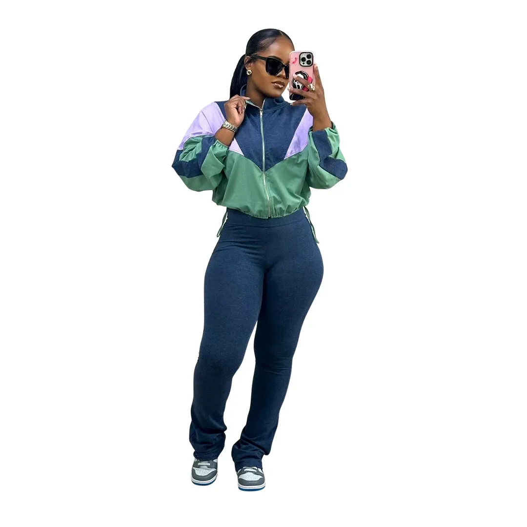 Vibrant Contrast Color Long Sleeve Track Top and Fitted Pants Set