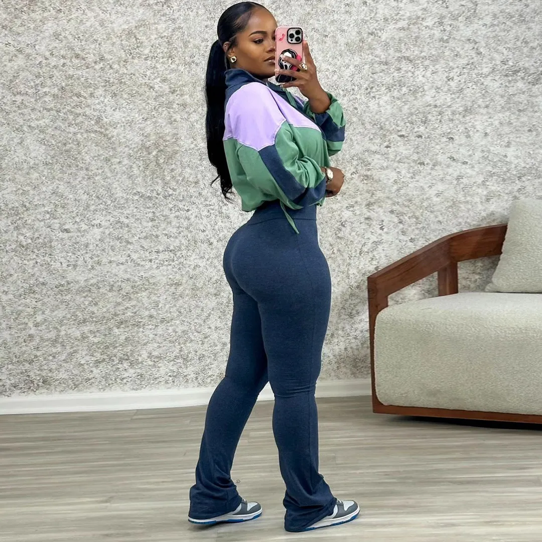 Vibrant Contrast Color Long Sleeve Track Top and Fitted Pants Set