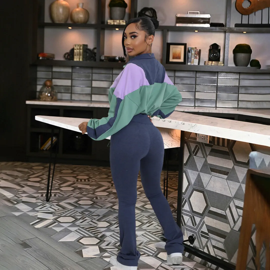 Vibrant Contrast Color Long Sleeve Track Top and Fitted Pants Set